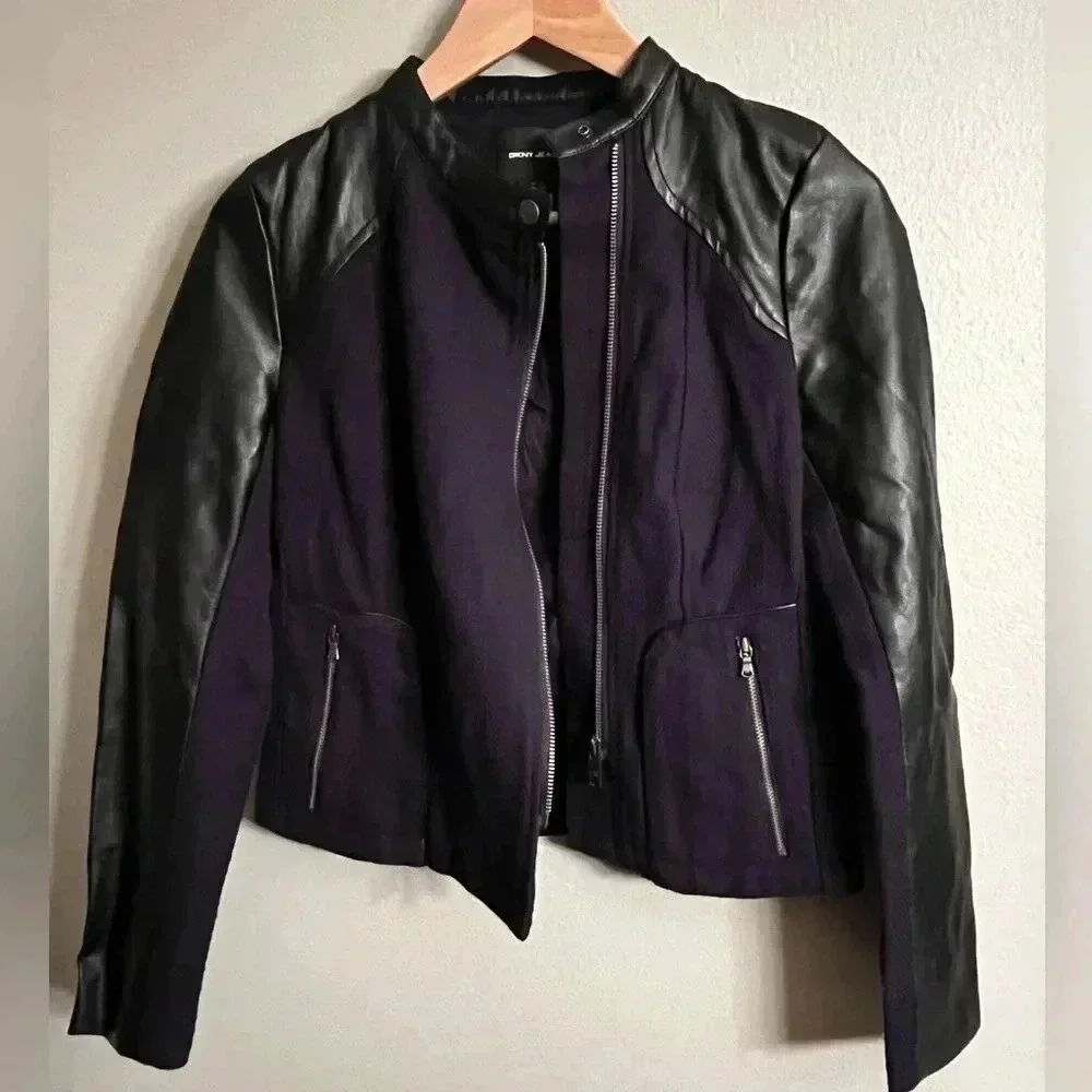 DKNY Vegan Leather Motorcycle Jacket, Blue & Black, Size XS - Picture 7 of 8